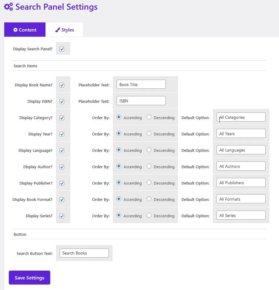 Configuring WordPress digital library settings in Books Gallery plugin including Search Panel options