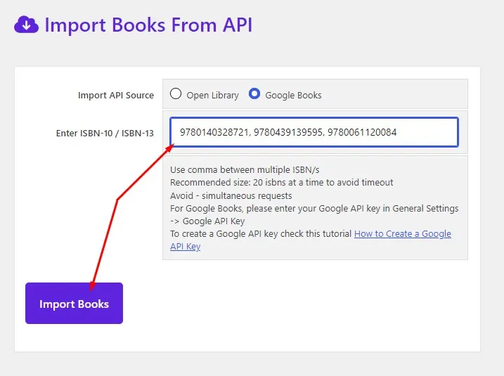 Books Gallery Import Books from API screen showing three ISBN numbers entered in the import field separated by commas