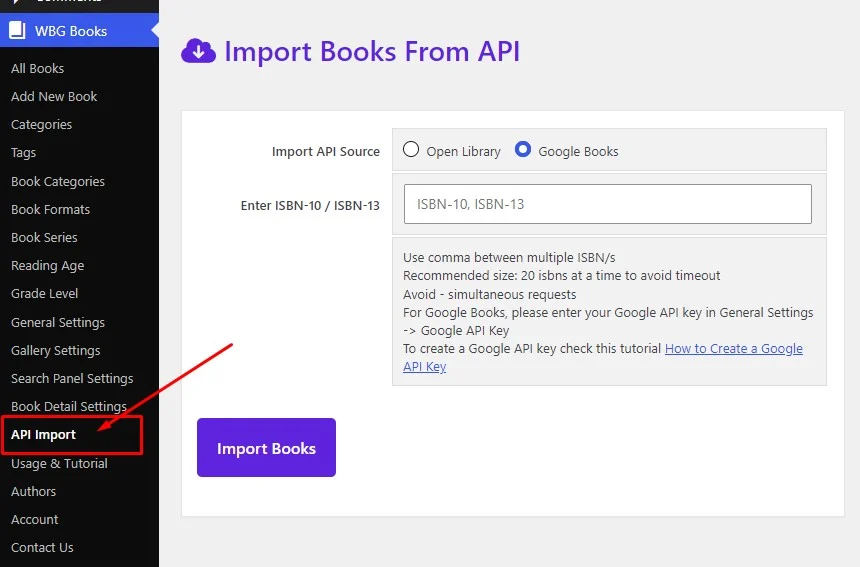 Books Gallery WordPress plugin WBG Books API Import menu and Import Books from API screen