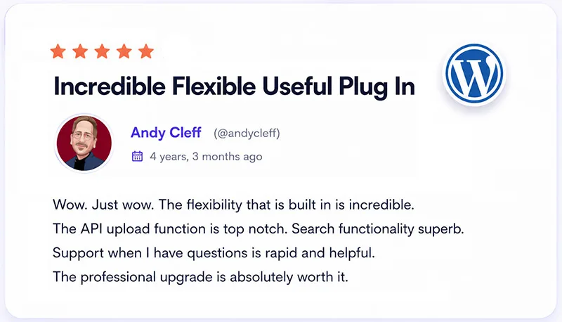 Books Gallery WordPress plugin 5 star review from Andy Cleff praising API upload function and saying professional upgrade is absolutely worth it