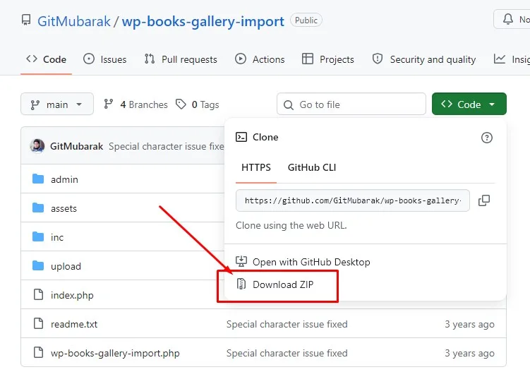 Books Gallery CSV import addon GitHub repository page showing Download ZIP button for WordPress bulk book import