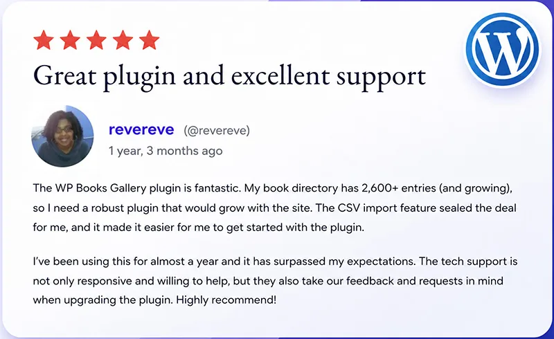 Books Gallery WordPress plugin 5 star review from revereve praising CSV import feature for managing 2600 plus book directory