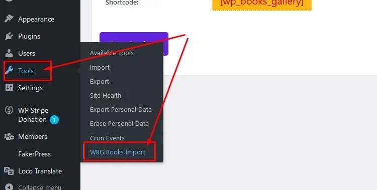 WordPress admin Tools menu showing WBG Books Import sub-menu after Books Gallery CSV import addon activation