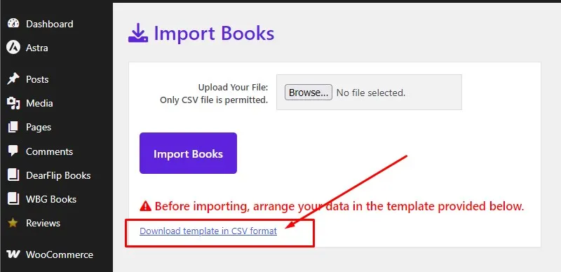 Books Gallery Import Books panel showing Download CSV Format button and file upload area for bulk book import
