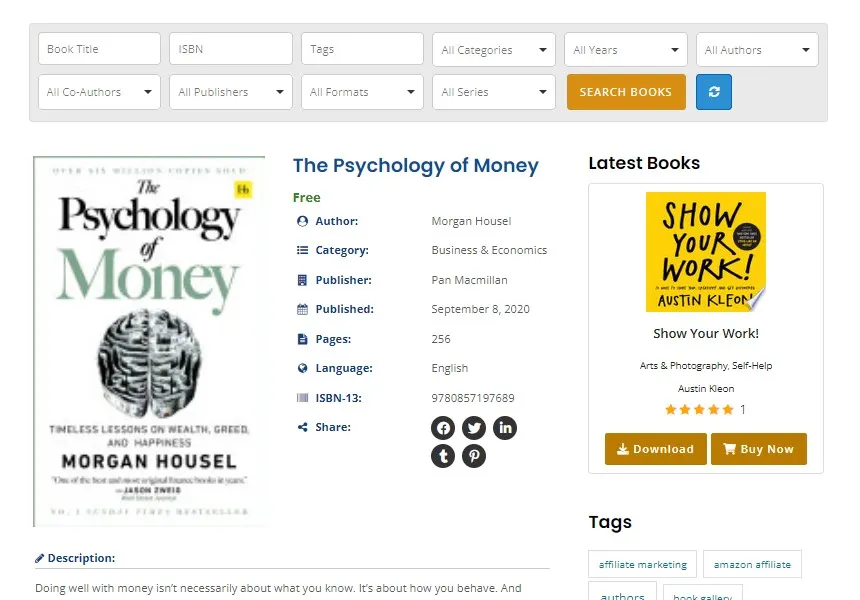Books Gallery imported book detail page showing title, author, cover image, description, ISBN and buy buttons populated automatically via Google Books API