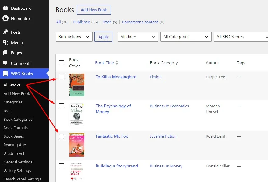 Books Gallery WBG Books All Books admin panel showing successfully imported books with cover images and metadata