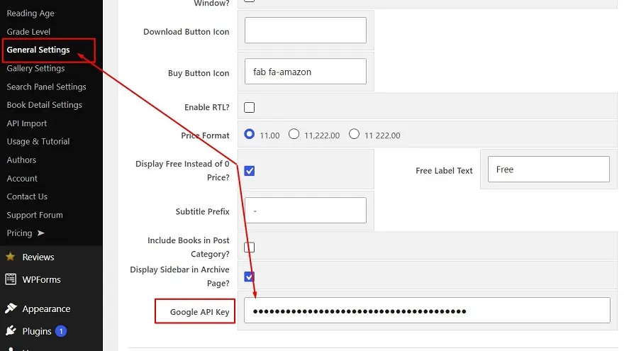 Books Gallery plugin General Settings page showing Google Books API key field