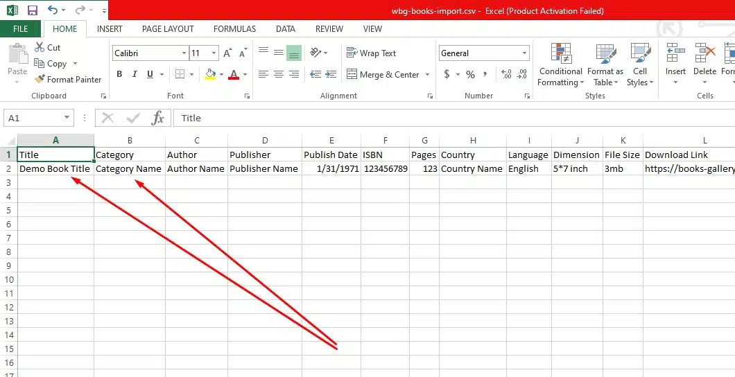CSV file open in Excel showing Books Gallery bulk import format with header row and book data filled in correctly