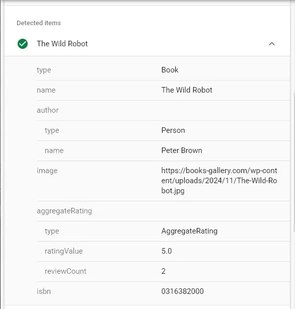 Books Gallery plugin automatic book schema validated in Google Rich Results Test showing structured data for book title author ISBN and ratings