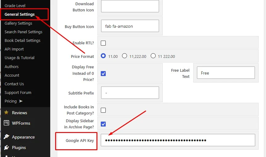 Pasting Google Books API key into Books Gallery WordPress plugin settings for book import