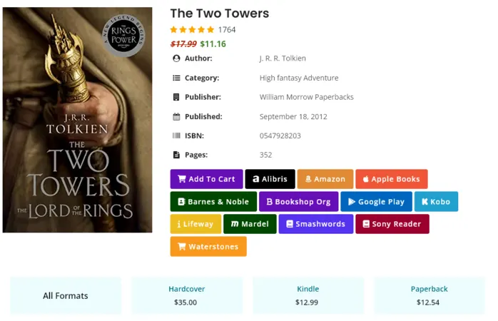 Book gallery plugin displaying up to 15 affiliate and sale links per book