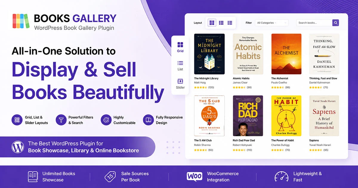 WordPress Book Gallery Plugin Features - Showcase & Sell Books