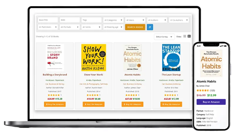 Books Gallery showing grid view with Amazon affiliate buy buttons and book metadata