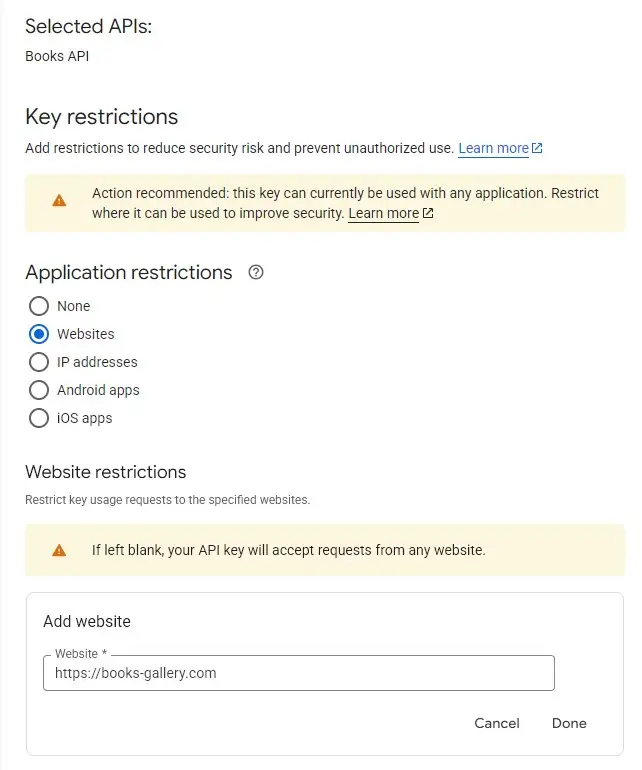 Restricting Google Books API key to specific domain and Books API in Google Cloud Console
