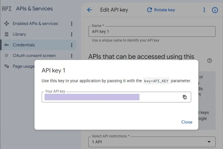 Creating API key credentials in Google Cloud Console for Google Books API WordPress integration