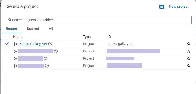 Creating a new project in Google Cloud Console for Books Gallery WordPress plugin API key