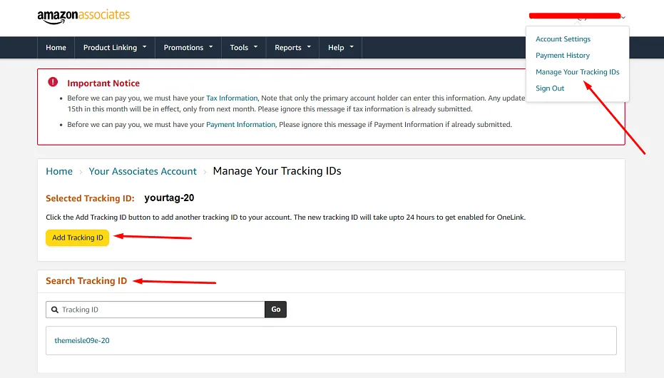 Amazon Associates dashboard showing tracking ID location for Books Gallery affiliate code tag setup