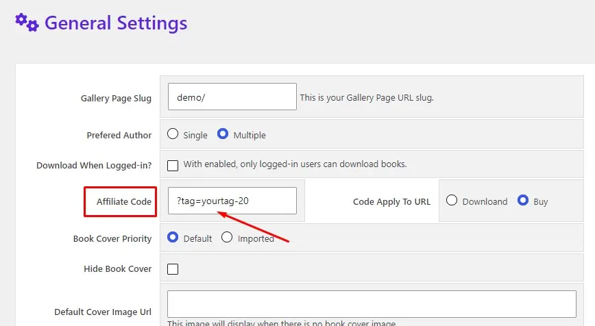 Books Gallery plugin General Settings page showing Amazon Associates affiliate code tag field with Buy option selected