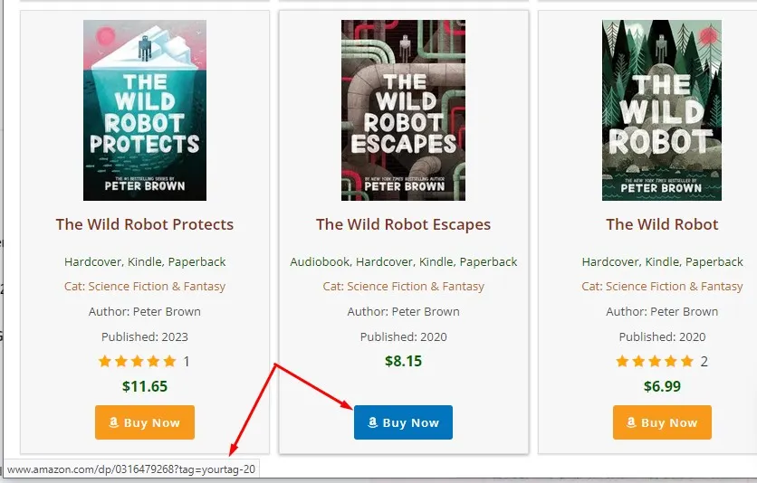 Buy on Amazon button URL showing Amazon Associates affiliate tag automatically appended by Books Gallery plugin