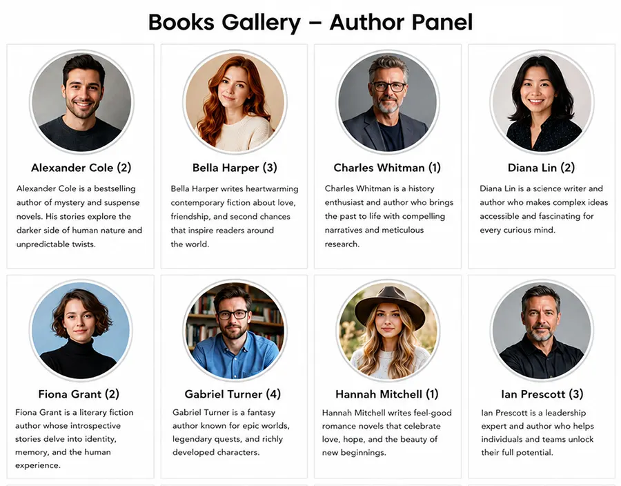Books Gallery WordPress plugin author panel showing grid of authors with circular photos bios and book counts