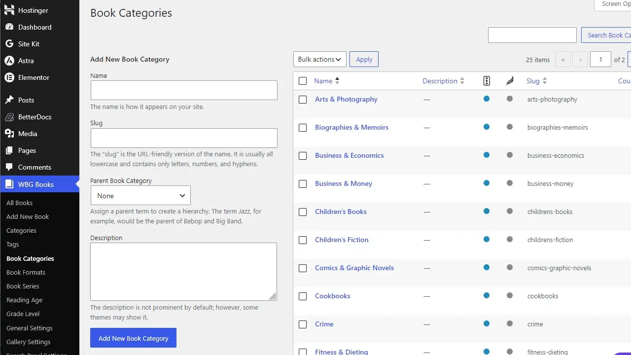 Setting up book categories in Books Gallery WordPress digital library plugin admin panel