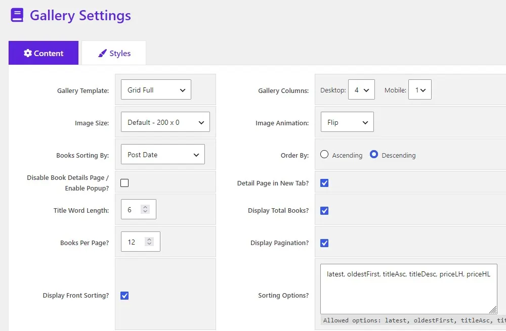 Configuring WordPress digital library settings in Books Gallery plugin including Gallery settings options
