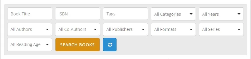 WordPress digital library search and filter panel in Books Gallery plugin showing book filtering options