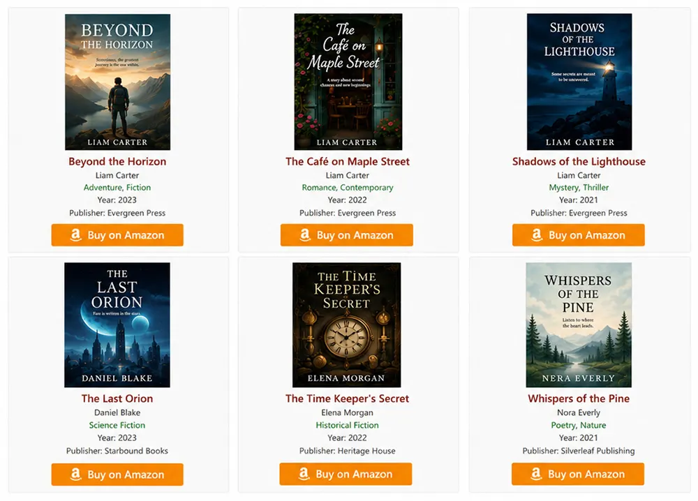 Books Gallery WordPress plugin showing Amazon affiliate book store with Buy on Amazon buttons on every book in the gallery