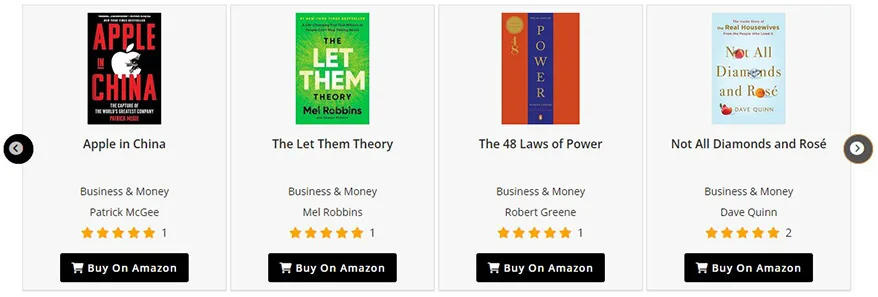 WordPress book gallery plugin showing book slider and carousel display with featured books