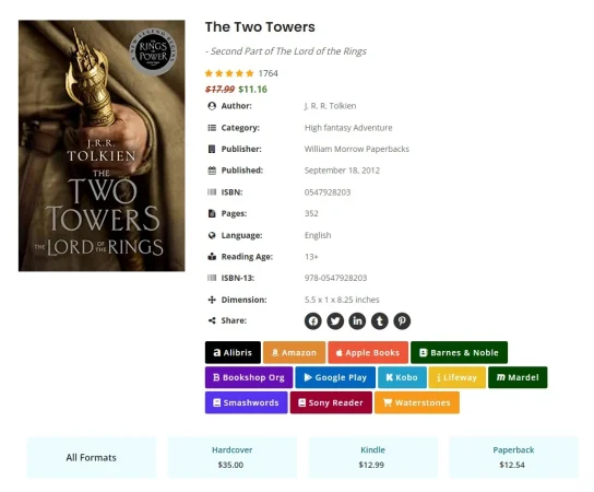 Book gallery plugin displaying up to 15 affiliate and sale links per book